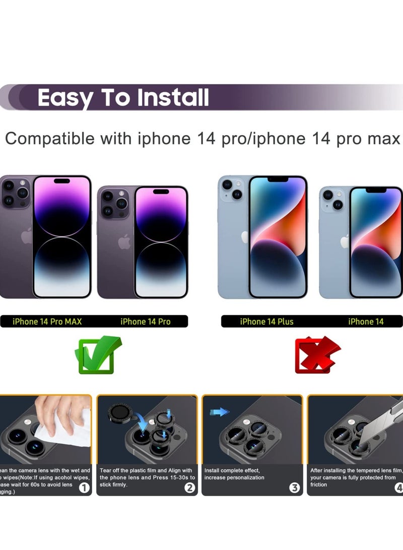 ELTRAZONE iPhone 14 Pro 6.1 inch / 14 Pro Max 6.7 inch Camera Lens Protector, Camera Cover Tempered Glass for iPhone 14 Pro Max/for iPhone 14 Pro [Glitter Diamonds] -Black - Image 2