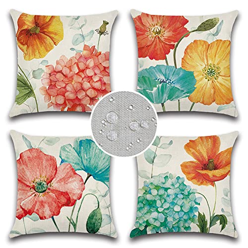 JOJOGOGO JOJOGOGO Summer Outdoor Pillow Covers 18x18 Waterproof Set of 4 Hydrangea and Lotus Floral Outdoor Throw Pillows Summer  - Image 2