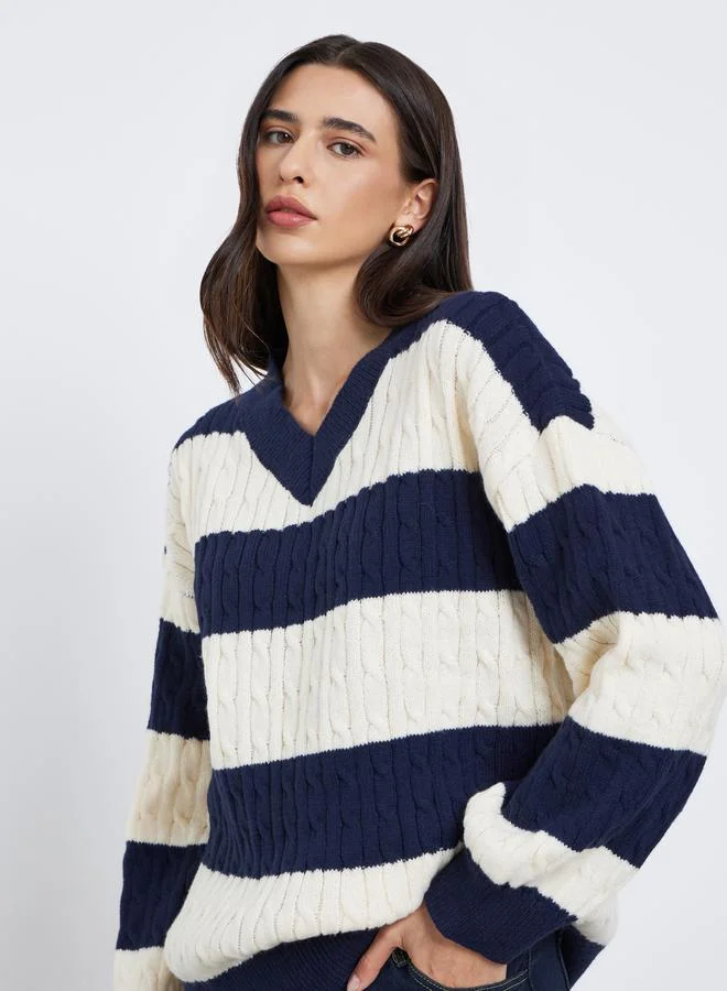 Styli Striped Cable Knit V Neck Sweater