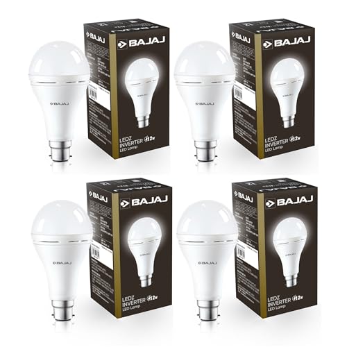 Bajaj LEDZ 12W بطارية قابلة لإعادة الشحن طوارئ محول LED لمبة | ضوء يوم بارد | حتى 4 ساعات بطارية | B22D | ضمان 1 سنة - (عبوة من 4، أبيض) - Image 1