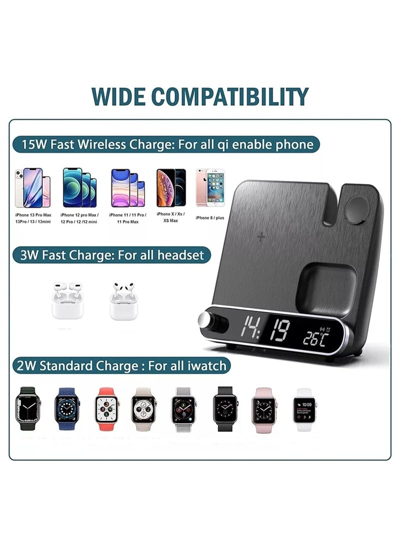SYOSI - 2024 New Wireless Charging Station, 3 in 1 Desktop Charging Station with Clock/Alarm, 15W Fast Charging for Different Phone, Smart 3 in 1 Wireless Charger Alarm Clock with Smartwatch, Earphones - Image 1