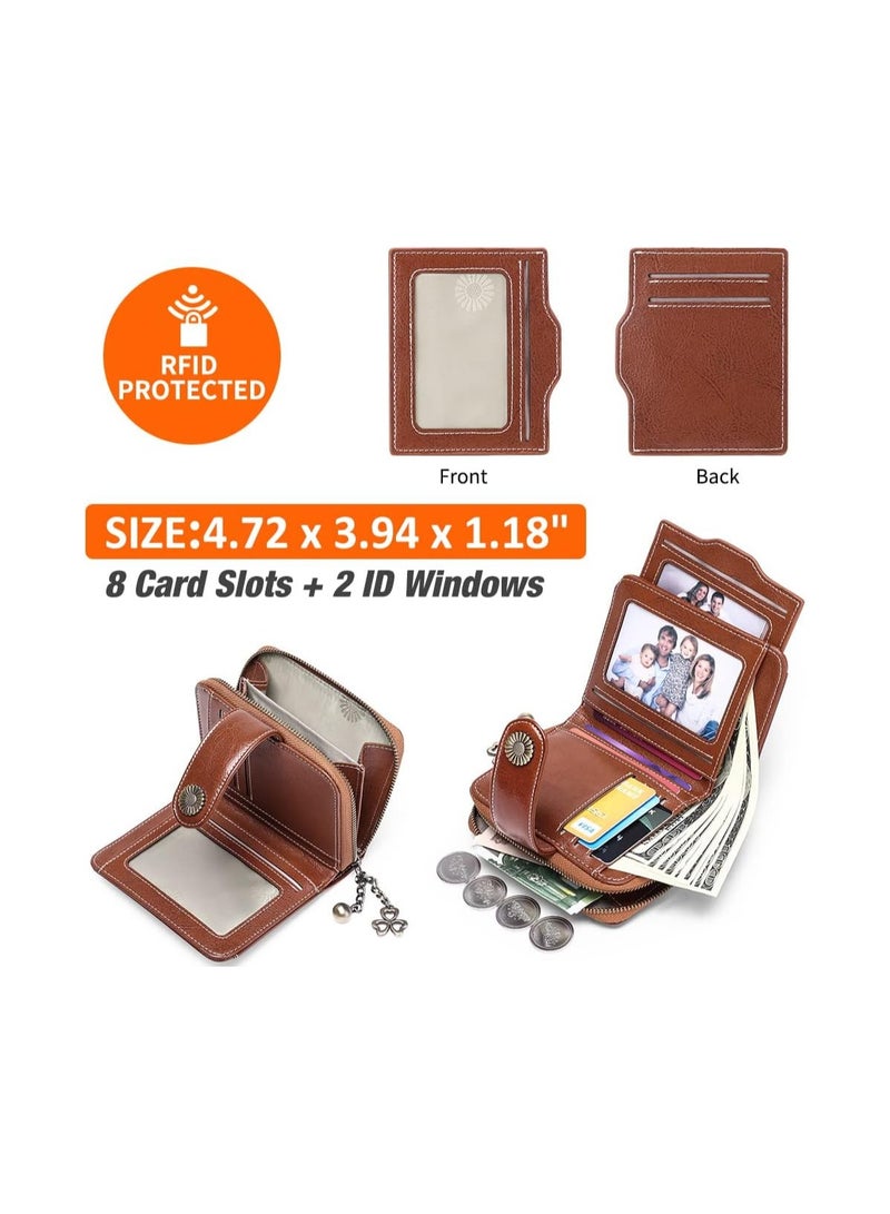Excefore Wallets Women, Ladies Small Wallet, RFID Blocking Genuine Leather Bifold Zippered Pocket Wallet Card Case Purse with ID Window - Image 2