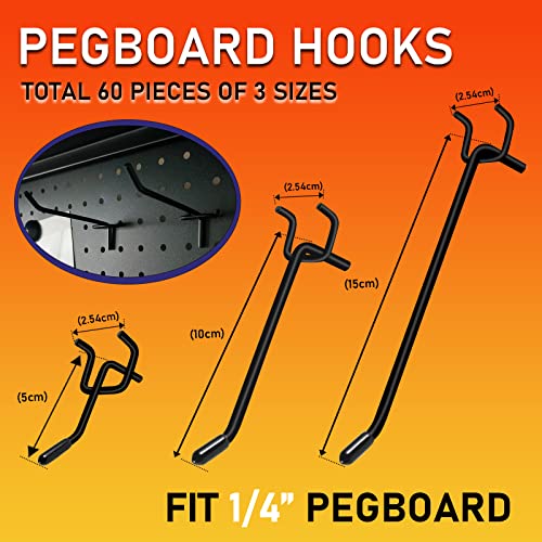 Dualshine 60Pcs Black Pegboard Hooks, 2/4/6 Inch Pegboard Wall Hook Heavy Duty PegBoard Shelving Hook Fit 1/4" PegBoard Metal Hanging Pegboard Display Hook Holder Organizer for Kitchen Store - Image 5