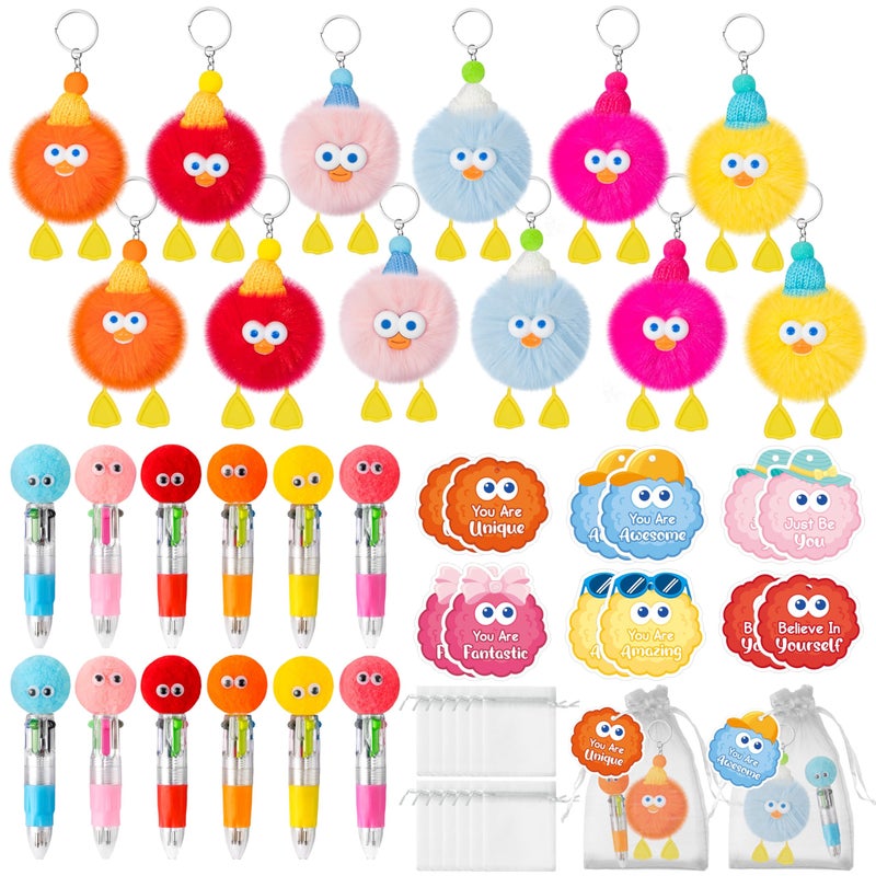 TICIAGA Fluffy Pom Pom Classroom Prize 12 Set Cute Plush Toy Keychains with Motivational Gift Tags 4in1 Ballpoint Pens and Organza Bags Birthday Valentines Gifts for Girls Goodies Bag Fillers - Image 3