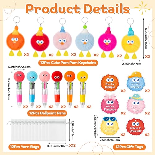 TICIAGA Fluffy Pom Pom Classroom Prize 12 Set Cute Plush Toy Keychains with Motivational Gift Tags 4in1 Ballpoint Pens and Organza Bags Birthday Valentines Gifts for Girls Goodies Bag Fillers - Image 5