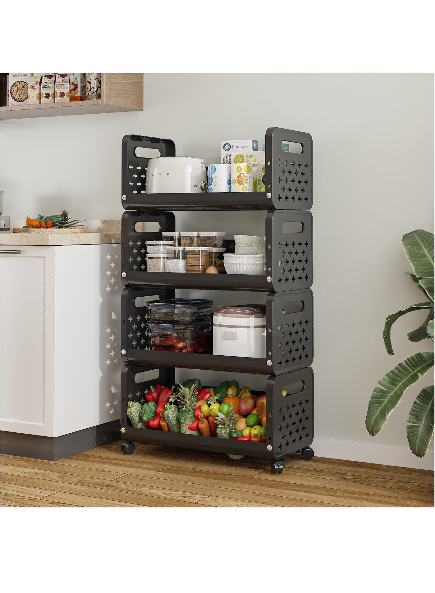 4-Tier Kitchen Storage Rack with Wheels – Durable Plastic Organizer with Lockable Wheels, Space-Saving Design for Fruits, Snacks, Appliances, and Household Essentials – Ideal for Kitchen, Pantry, Laundry, or Office