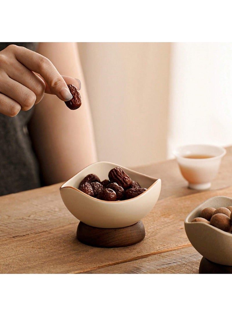 1pc Handmade Rustic Ceramic Dessert Bowl with Solid Wooden Base – Vintage Clay-Style Snack & Ice Cream Dish, Wide Mouth Serving Bowl for Nuts, Fruit, Soup & Desserts, Reusable Tableware for Home, Hotel & Dining Table Décor, Hand Wash Only - Image 1