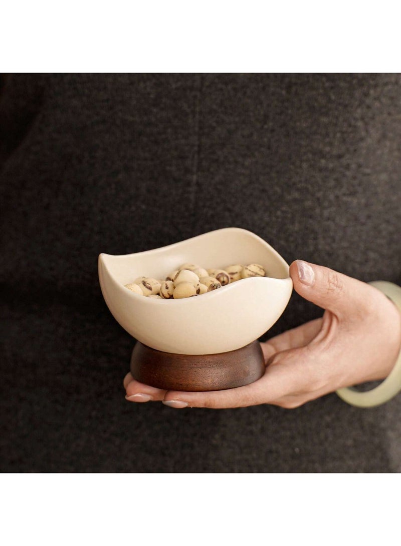 1pc Handmade Rustic Ceramic Dessert Bowl with Solid Wooden Base – Vintage Clay-Style Snack & Ice Cream Dish, Wide Mouth Serving Bowl for Nuts, Fruit, Soup & Desserts, Reusable Tableware for Home, Hotel & Dining Table Décor, Hand Wash Only - Image 2