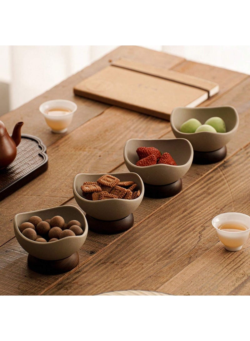 1pc Handmade Rustic Ceramic Dessert Bowl with Solid Wooden Base – Vintage Clay-Style Snack & Ice Cream Dish, Wide Mouth Serving Bowl for Nuts, Fruit, Soup & Desserts, Reusable Tableware for Home, Hotel & Dining Table Décor, Hand Wash Only - Image 4