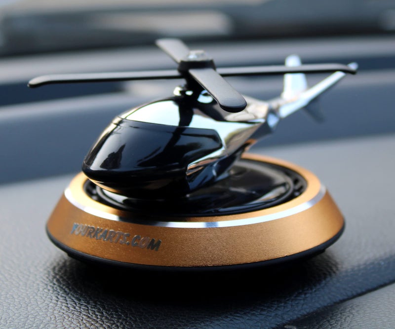 YOURKARTS.COM Solar Powered Car Perfume Diffuser/Dispenser | Helicopter Design, Auto Rotation Fan | for Car Dashboard with Perfume Liquid & Organic Fragrance - (Golden) Pack of 1 - Image 1