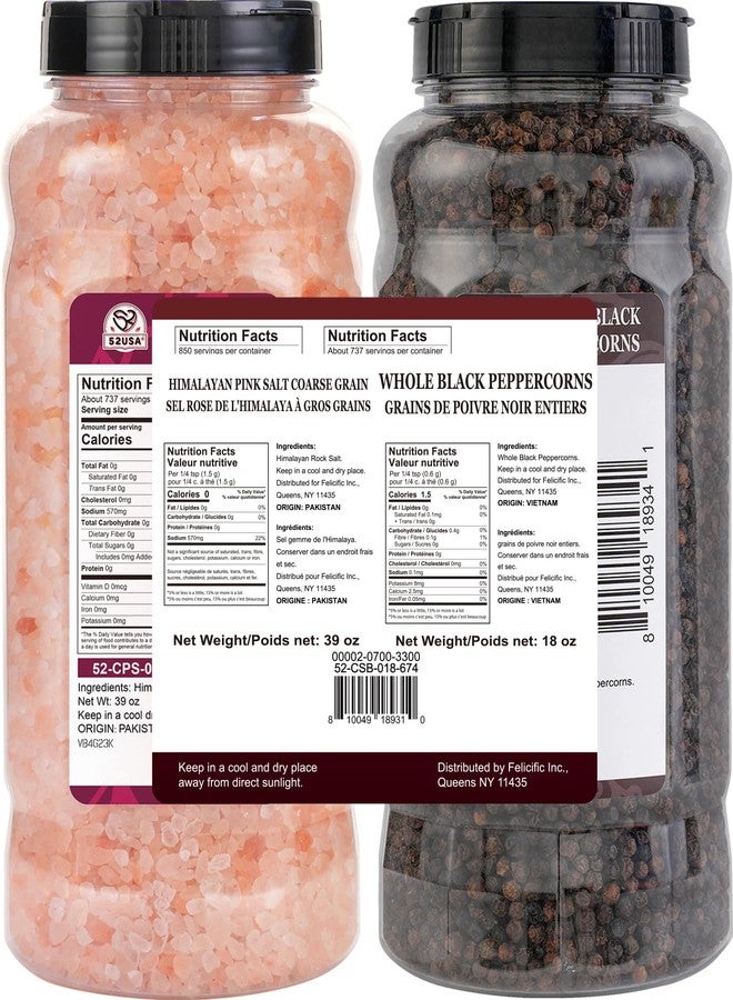 52USA Whole Black Peppercorns 18 oz + Himalayan Pink Salt (Coarse Grain) 39 oz, Salt and Pepper Grinder, Black Peppercorn Refil, Kosher Salt for Grinder Refill, Pink Himalayan Sea Salt, 2 Piece Set - Image 2