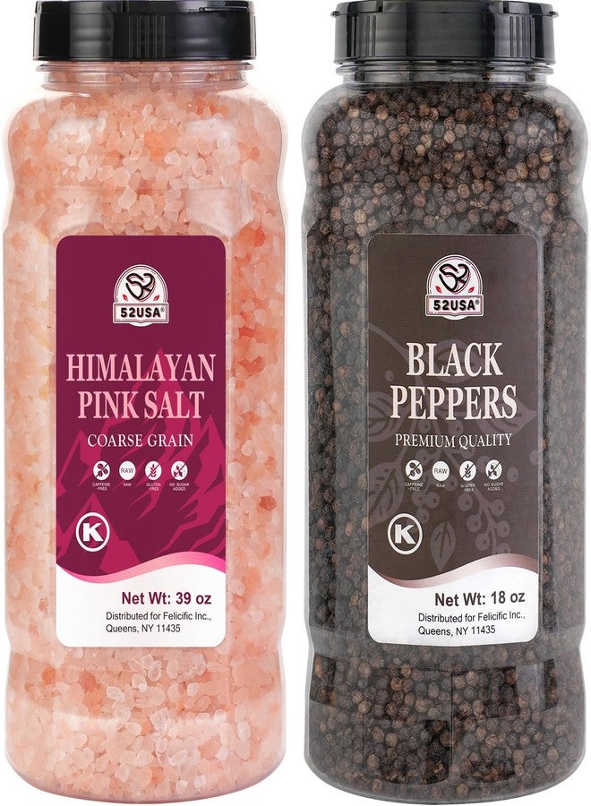 52USA Whole Black Peppercorns 18 oz + Himalayan Pink Salt (Coarse Grain) 39 oz, Salt and Pepper Grinder, Black Peppercorn Refil, Kosher Salt for Grinder Refill, Pink Himalayan Sea Salt, 2 Piece Set - Image 1