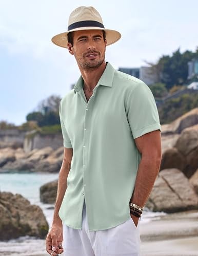 COOFANDY Mens Beach Linen Shirt Casual Short Sleeve Button Up Shirts Lightweight Breathable Tropical Shirts for Men - Image 4