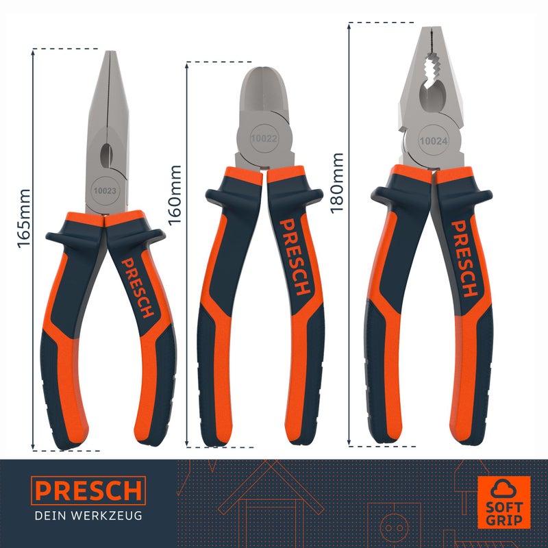 PRESCH مجموعة كماشات بريسش 3 قطع - مجموعة كماشات احترافية ثقيلة مع كماشات ذات أنف إبرة، قاطع جانبي 160 مم وكماشة مركبة 180 مم - Image 2