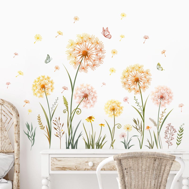 Supzone Dandelion Flower Butterfly Wall Decals Gold Dandelion Plants Floral Wall Stickers Peel and Stick Vinyl Wall Art Decor for Living Room Bedroom Office TV Sofa Backdrop Home Decor Gifts for Mom - Image 1