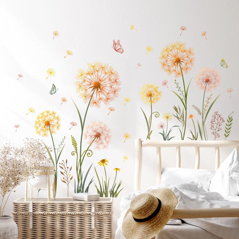 Supzone Dandelion Flower Butterfly Wall Decals Gold Dandelion Plants Floral Wall Stickers Peel and Stick Vinyl Wall Art Decor for Living Room Bedroom Office TV Sofa Backdrop Home Decor Gifts for Mom - Image 3