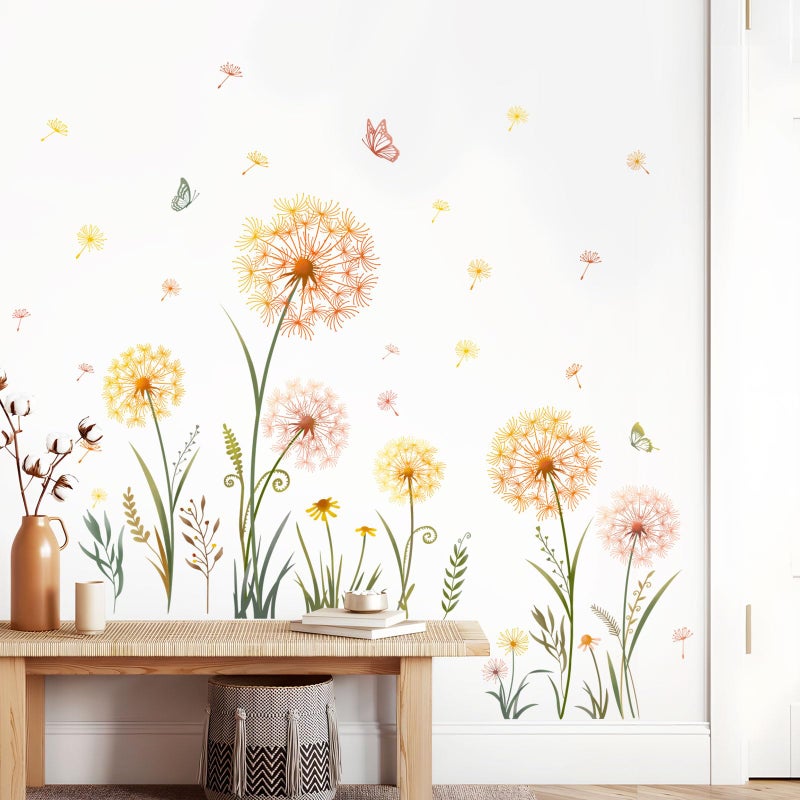 Supzone Dandelion Flower Butterfly Wall Decals Gold Dandelion Plants Floral Wall Stickers Peel and Stick Vinyl Wall Art Decor for Living Room Bedroom Office TV Sofa Backdrop Home Decor Gifts for Mom - Image 5