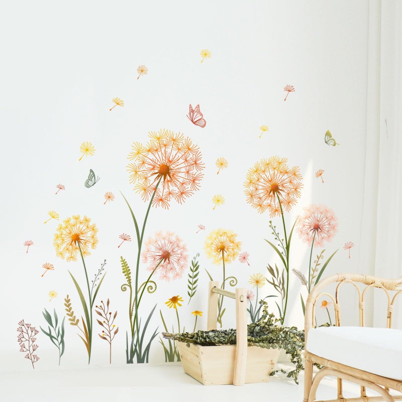 Supzone Dandelion Flower Butterfly Wall Decals Gold Dandelion Plants Floral Wall Stickers Peel and Stick Vinyl Wall Art Decor for Living Room Bedroom Office TV Sofa Backdrop Home Decor Gifts for Mom - Image 2
