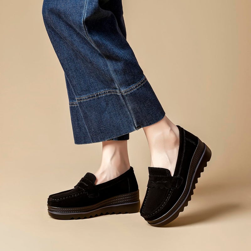 Touchmosees Women's Suede Platform Loafers - Slip-On Wedge Moccasin with Comfortable Non-Slip Rocker Sole for Business, Casual, Daily Wear Black A8775 37 - Image 2