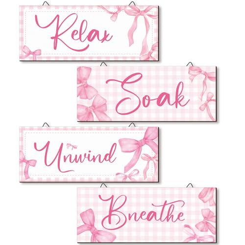 Yousoontic 4Pcs Coquette Pink Bow Wall Decor Aesthetic Pink Bow Bathroom Bedroom Wall Art Relax Soak Unwind Breathe Party Wood Hanging Sign Set for Home Laundry Spa Room - Image 1