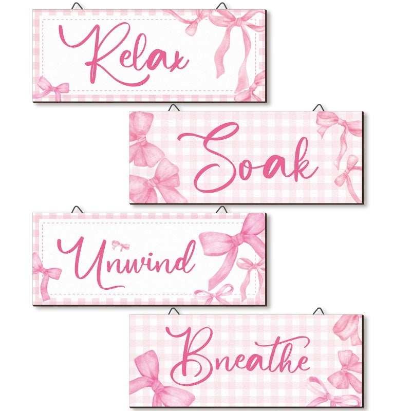 Yousoontic 4Pcs Coquette Pink Bow Wall Decor Aesthetic Pink Bow Bathroom Bedroom Wall Art Relax Soak Unwind Breathe Party Wood Hanging Sign Set for Home Laundry Spa Room - Image 2