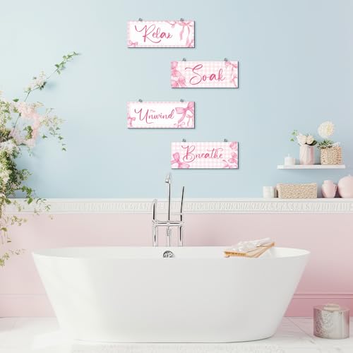 Yousoontic 4Pcs Coquette Pink Bow Wall Decor Aesthetic Pink Bow Bathroom Bedroom Wall Art Relax Soak Unwind Breathe Party Wood Hanging Sign Set for Home Laundry Spa Room - Image 3