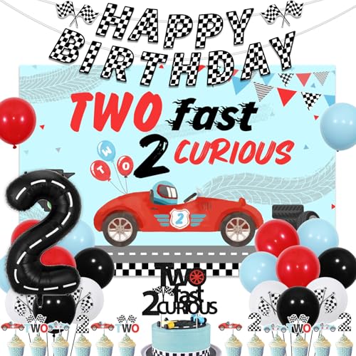 Cheereveal Two Fast 2 Curious Birthday Decorations 2 Fast 2 Curious Backdrop Cake Topper Happy Bday Checkered Flags Banner Boys Second Birthday Party Supplies - Image 1
