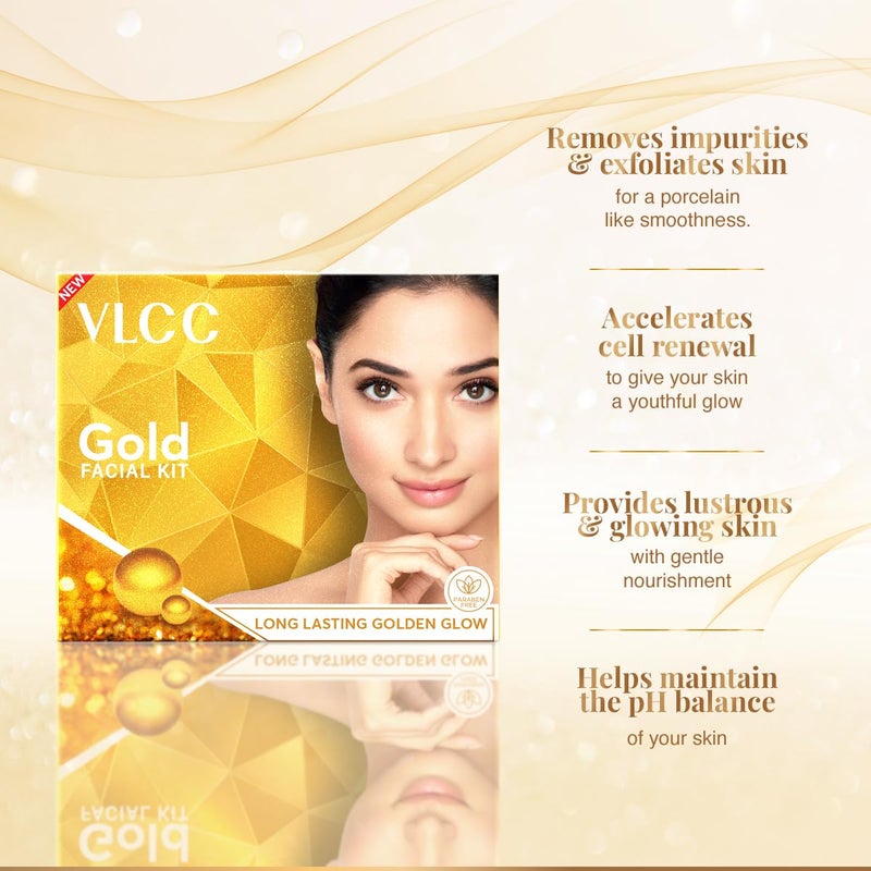 VLCC Gold Facial Kit Bright Glowing Skin 60g Pamper your Skin for a Luminous Glow Parlour Glow with 24K Gold Bhasma Rose Extracts Turmeric Aloe Vera - Image 3