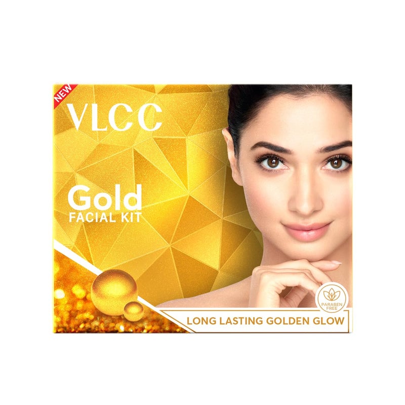 VLCC Gold Facial Kit Bright Glowing Skin 60g Pamper your Skin for a Luminous Glow Parlour Glow with 24K Gold Bhasma Rose Extracts Turmeric Aloe Vera - Image 1