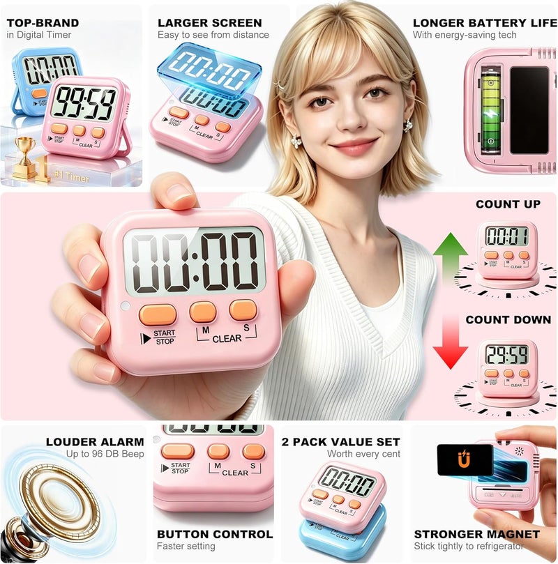 Antonki 2 Pack Digital Timer for Kids, Magnetic Countdown Kitchen Timers for Cooking, Egg, Classroom, Teacher, Exercise, Study, Oven - Battery Included - Image 4