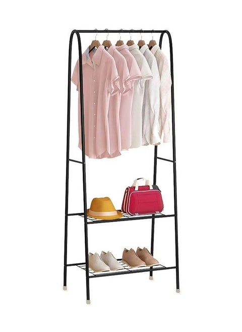 Portable Clothes Hanger with Two Layers of Shelves Independent Double Pole Metal Hanger with Bottom Shelf for Shoe Rack Organizer - Black