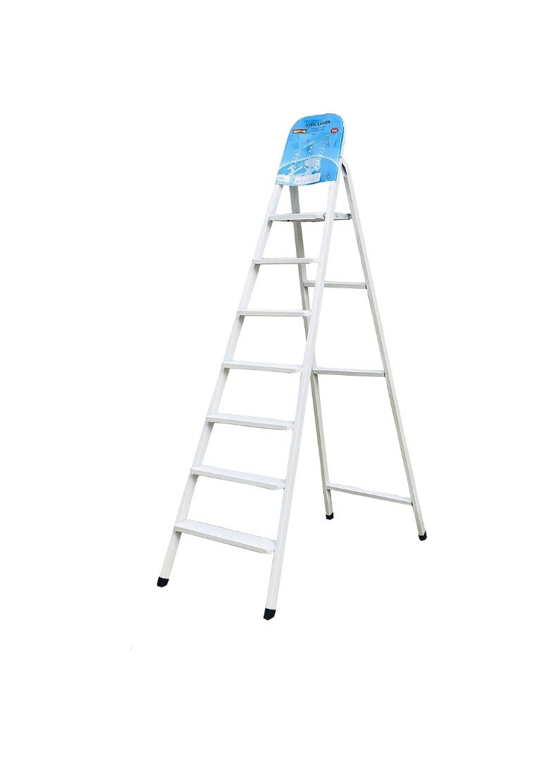 KNP KNP 7 Step Steel Ladder White is a heavy-duty, foldable ladder designed for safe and convenient access to high areas in homes, offices, and industrial settings. 