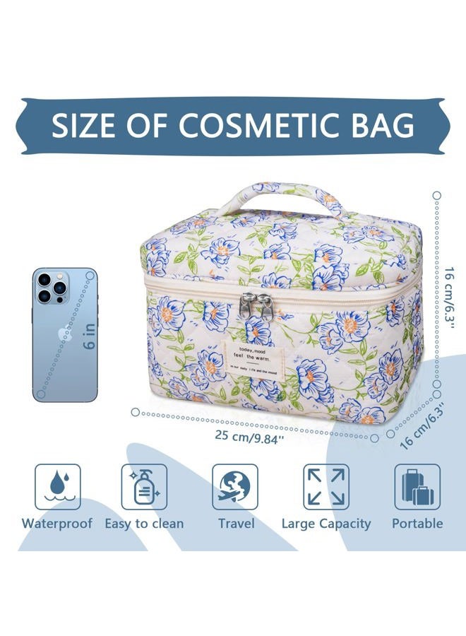 Gosect Large Makeup Bag, Cute Cosmetic Bag for Women Girls, Floral Coquette Aesthetic Toiletry Bag, Travel Make Up Organizer Bag (light blue) - Image 2