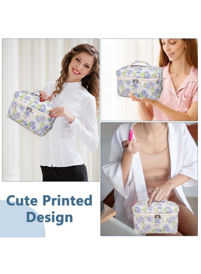 Gosect Large Makeup Bag, Cute Cosmetic Bag for Women Girls, Floral Coquette Aesthetic Toiletry Bag, Travel Make Up Organizer Bag (light blue) - Image 3