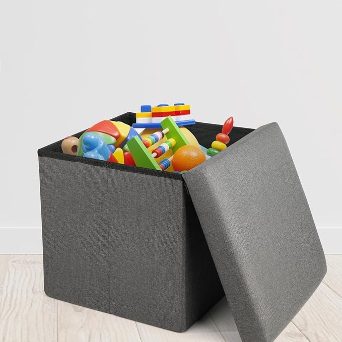 GALV Storage Ottoman Cube Folding Square Ottoman Seat Small Ottoman with Lid for Foot Stool and Foot Rest Fabric Box Bin for Kids and AdultsGray Colour - Image 2