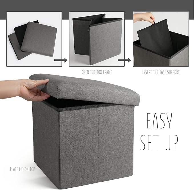 GALV Storage Ottoman Cube Folding Square Ottoman Seat Small Ottoman with Lid for Foot Stool and Foot Rest Fabric Box Bin for Kids and AdultsGray Colour - Image 4