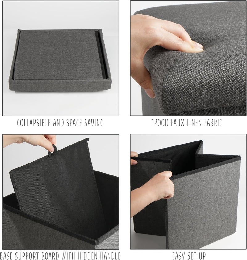 GALV Storage Ottoman Cube Folding Square Ottoman Seat Small Ottoman with Lid for Foot Stool and Foot Rest Fabric Box Bin for Kids and AdultsGray Colour - Image 5