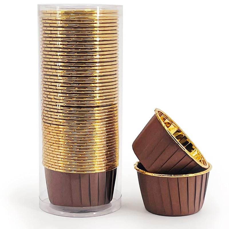 Deera Brown Outer and Gold Color Inner Finish Expandable Muffin Cup Cake Paper Mould - Medium, Pack of 100 - Image 1