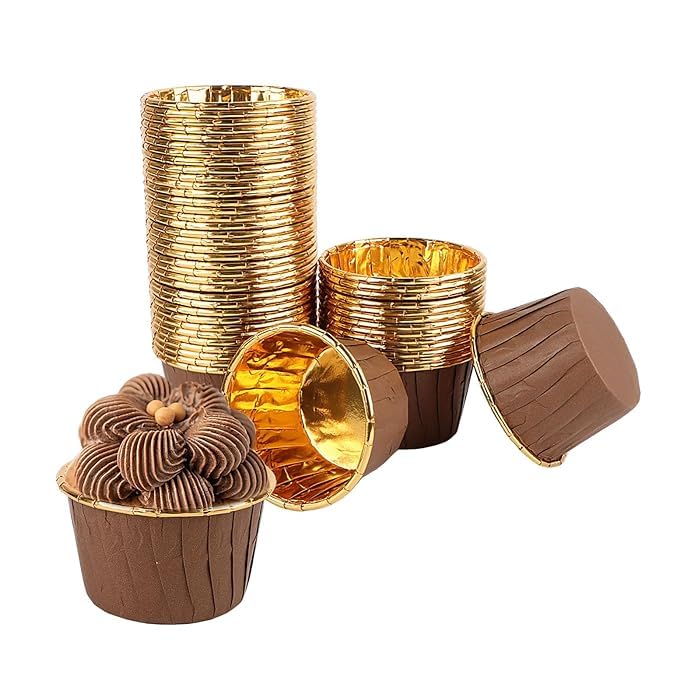 Deera Brown Outer and Gold Color Inner Finish Expandable Muffin Cup Cake Paper Mould - Medium, Pack of 100 - Image 4