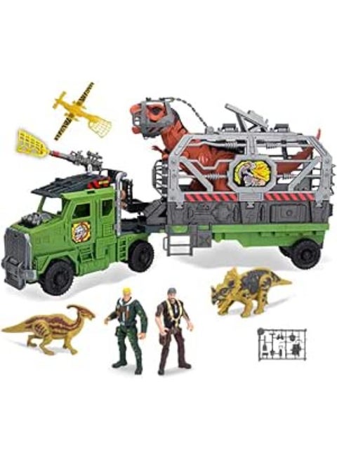 Dino Valley Giant Dinosaur with 2 Soldiers and 2 Small Dinosaurs, Large Transport Car and Plane by Dino Valley with Many Buttons All Hinges Movable and LED Light and Huge Sound - GTG TOYS