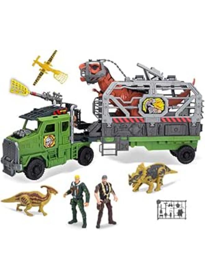 Dino Valley Giant Dinosaur with 2 Soldiers and 2 Small Dinosaurs, Large Transport Car and Plane by Dino Valley with Many Buttons All Hinges Movable and LED Light and Huge Sound - GTG TOYS