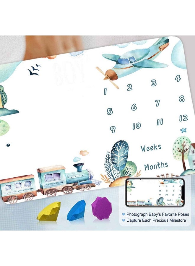 FHZON Airplane and Train Baby Monthly Milestone Blanket for Boy, Baby Blanket with Month Marker Frame, 48x40in, 1-12 Months Milestones, for Baby Showers and Newborn - Image 5