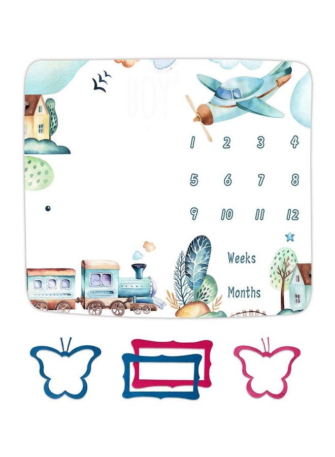 FHZON Airplane and Train Baby Monthly Milestone Blanket for Boy, Baby Blanket with Month Marker Frame, 48x40in, 1-12 Months Milestones, for Baby Showers and Newborn - Image 1