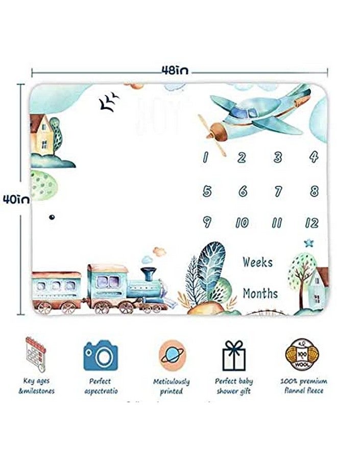 FHZON Airplane and Train Baby Monthly Milestone Blanket for Boy, Baby Blanket with Month Marker Frame, 48x40in, 1-12 Months Milestones, for Baby Showers and Newborn - Image 2