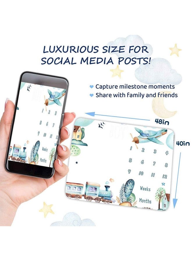 FHZON Airplane and Train Baby Monthly Milestone Blanket for Boy, Baby Blanket with Month Marker Frame, 48x40in, 1-12 Months Milestones, for Baby Showers and Newborn - Image 3