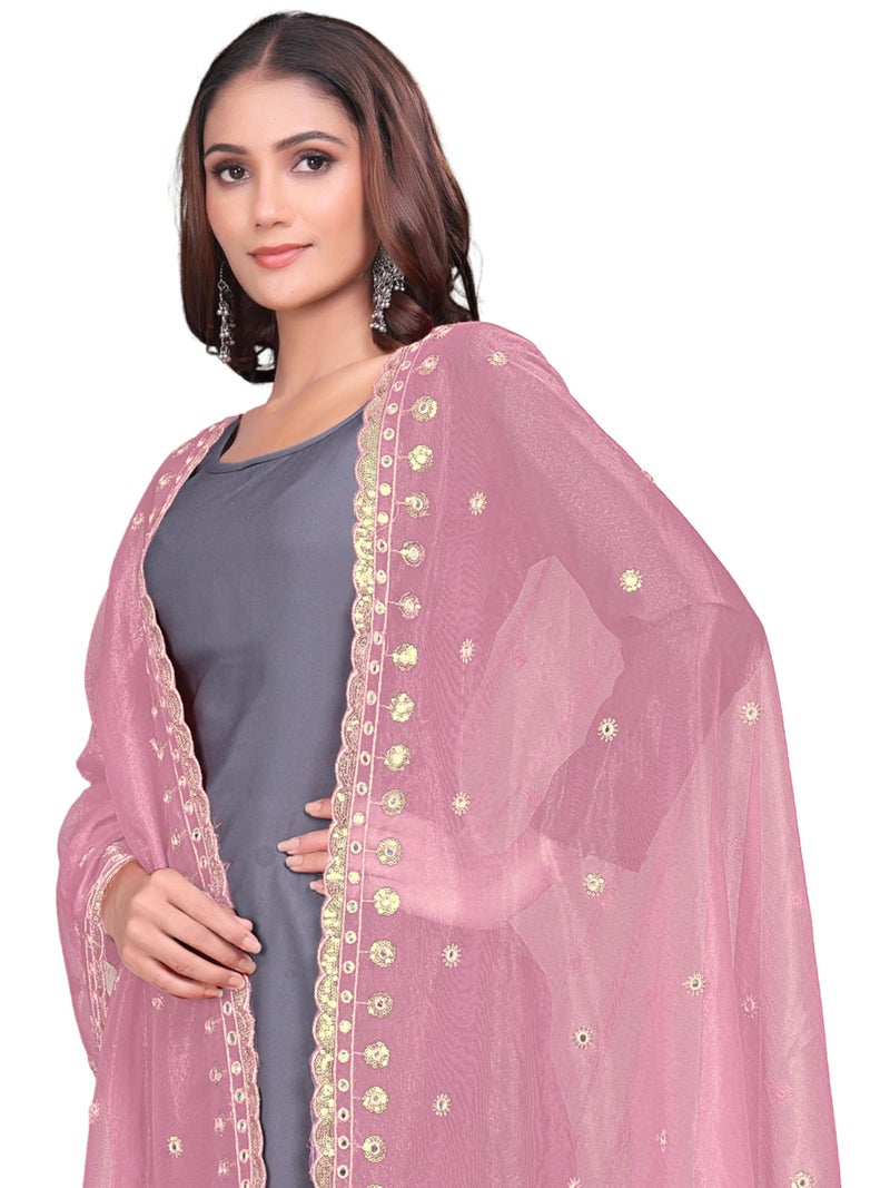 KEMZA Organza Embroidered Dupatta with Mirror & Sequence Work, Tassel Lace Border, Floral Butti Design (Peach, Free Size) - Image 2