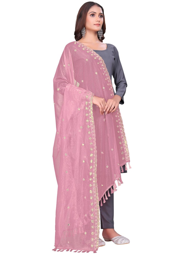 KEMZA Organza Embroidered Dupatta with Mirror & Sequence Work, Tassel Lace Border, Floral Butti Design (Peach, Free Size) - Image 1