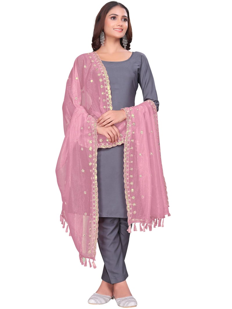 KEMZA Organza Embroidered Dupatta with Mirror & Sequence Work, Tassel Lace Border, Floral Butti Design (Peach, Free Size) - Image 3