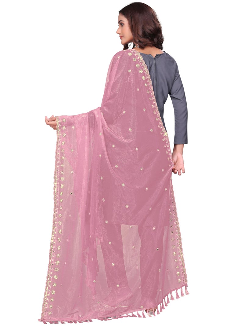 KEMZA Organza Embroidered Dupatta with Mirror & Sequence Work, Tassel Lace Border, Floral Butti Design (Peach, Free Size) - Image 4
