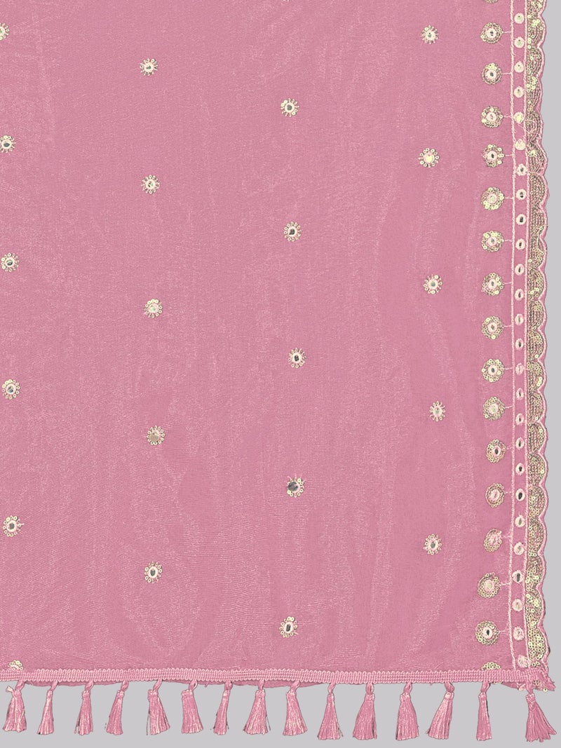 KEMZA Organza Embroidered Dupatta with Mirror & Sequence Work, Tassel Lace Border, Floral Butti Design (Peach, Free Size) - Image 5